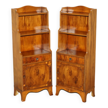 Pair of vintage English hardwood bookcases in a cascade style with cupboards.