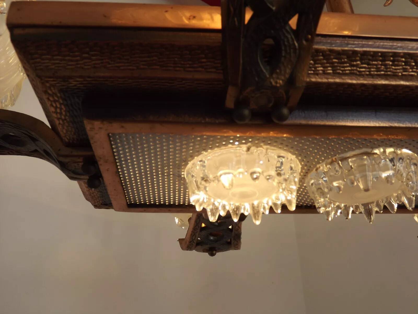 French Art Deco 6-Arm, 10-Light Chandelier Petitot Ezan Style, Copper Tone