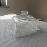 Vintage striped pressed glass butter dish