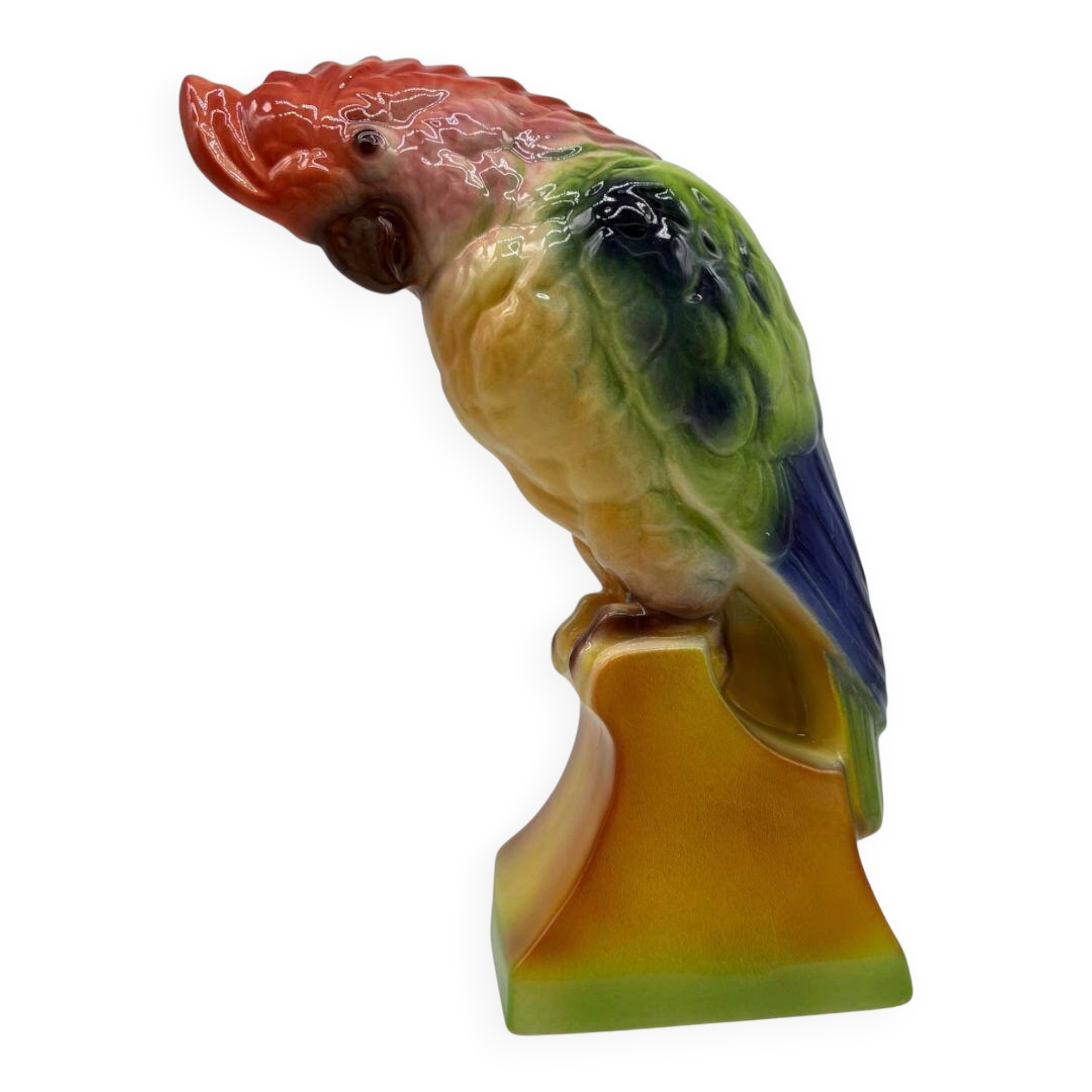 Large Cockatoo Saint-Clément France Hand-Painted Ceramic Tropical Bird