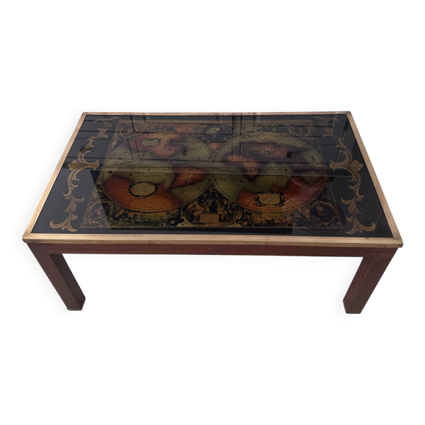 Table basse vintage attribuée à Maison Jansen, laiton et carte