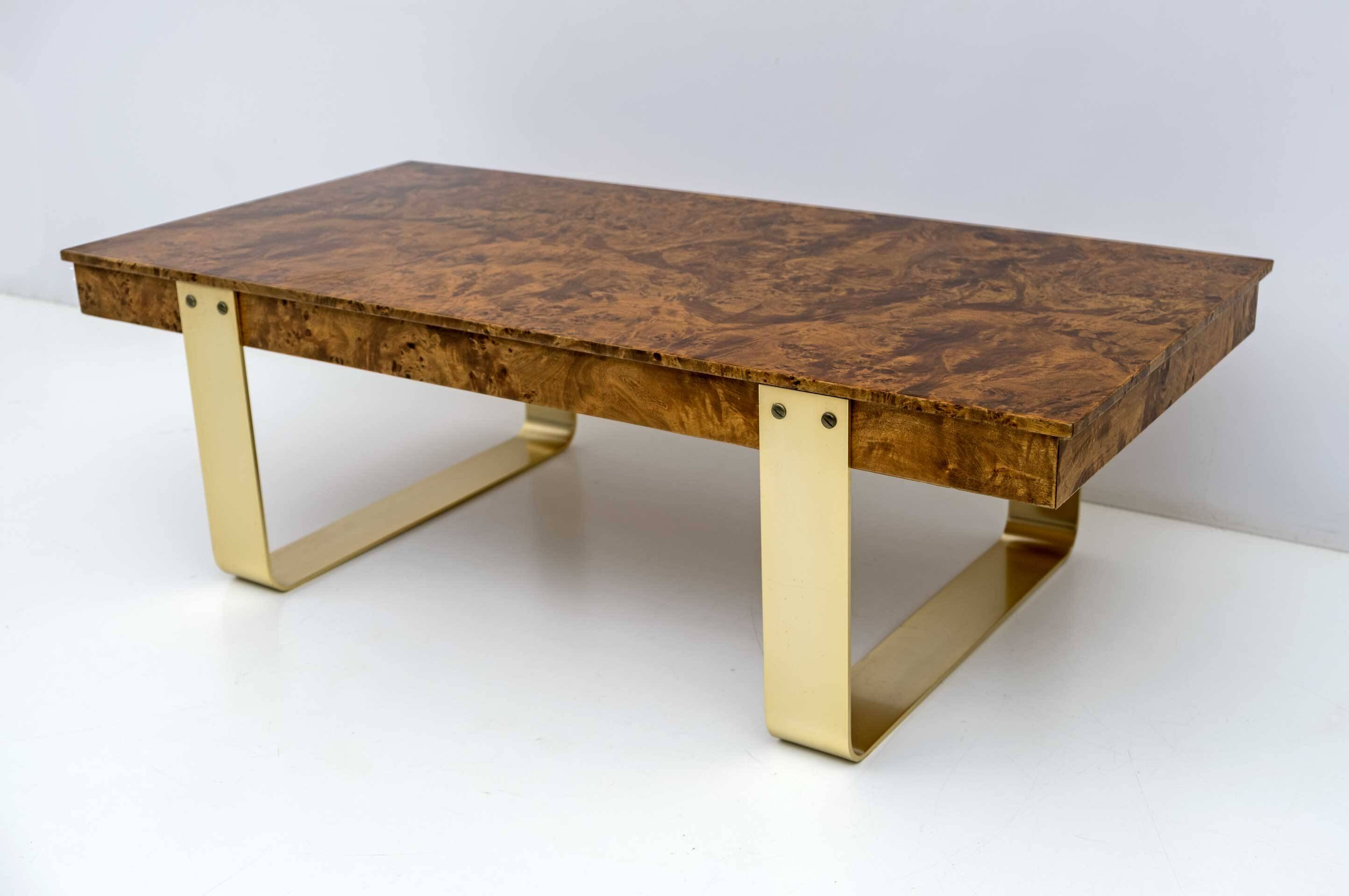 Mid-Century Modern Italian Briar Walnut and Brass Coffee Table, 1970s