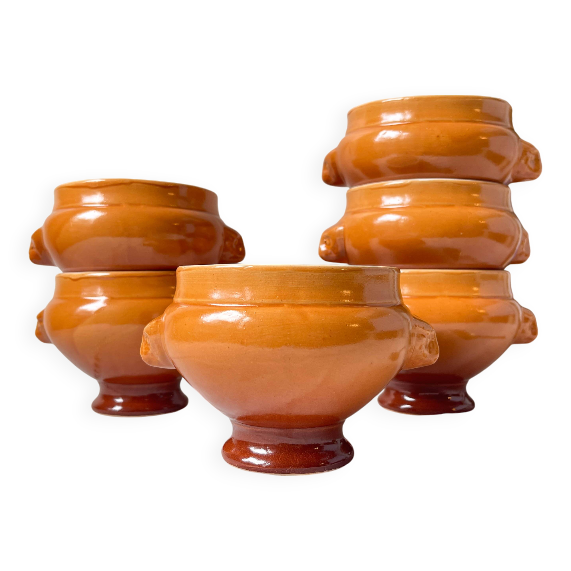 6 vintage Emile Henry ceramic lion head bowls, brown gradient, made in France