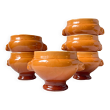 6 vintage Emile Henry ceramic lion head bowls, brown gradient, made in France