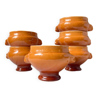6 vintage Emile Henry ceramic lion head bowls, brown gradient, made in France