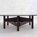 Table basse en bois et plateau rond en verre fumé