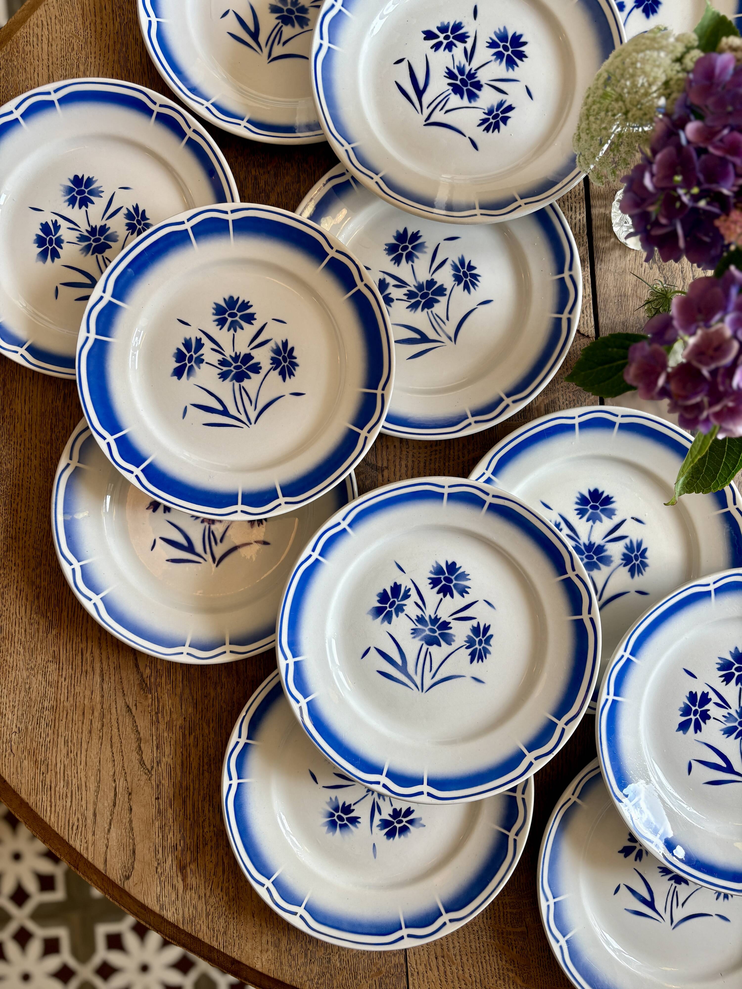 Set of 12 antique flat plates, blue flower decorations