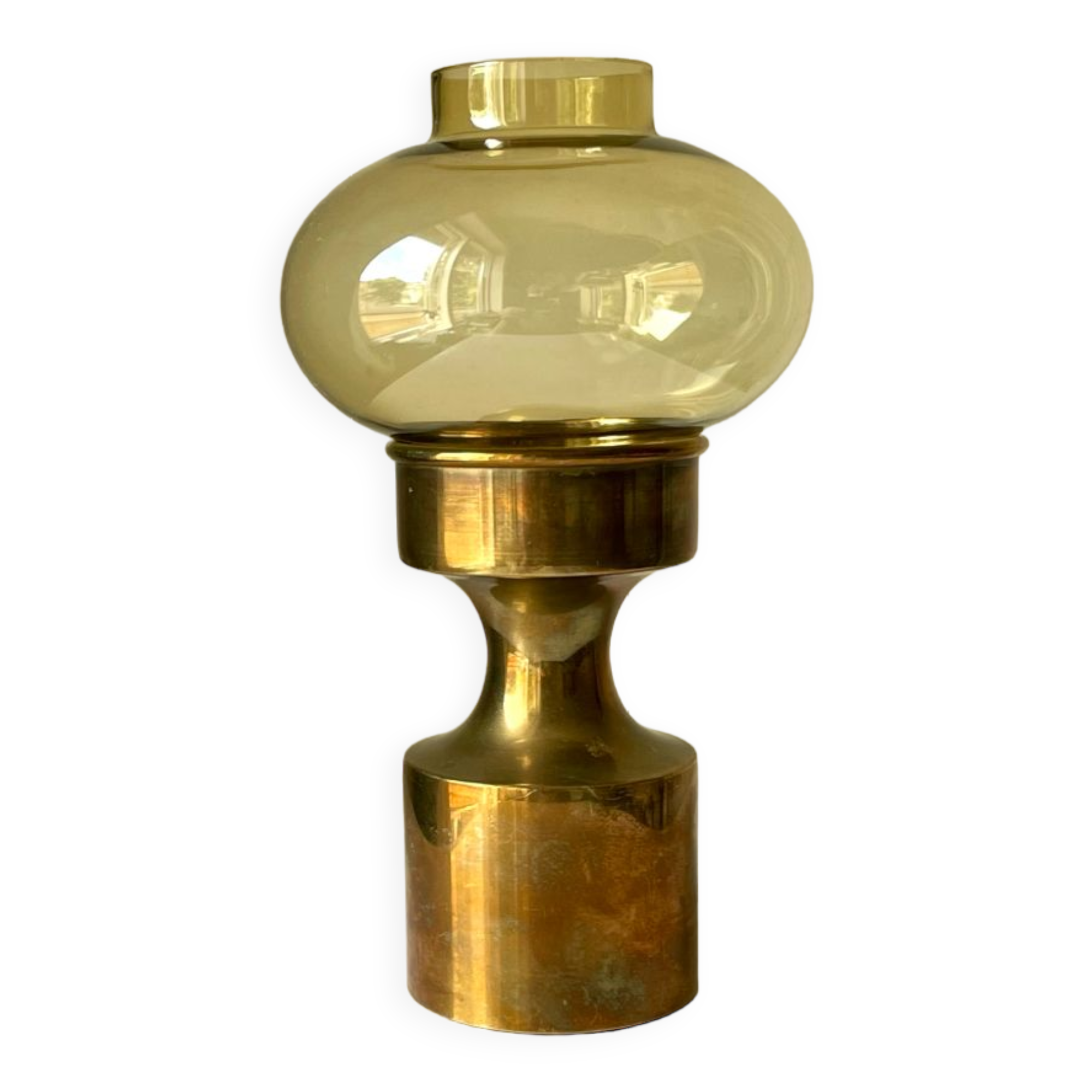 Danish design 1960 hurricane candleholder in brass and amber colored glass
