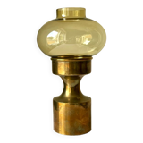 Danish design 1960 hurricane candleholder in brass and amber colored glass