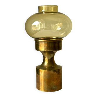 Danish design 1960 hurricane candleholder in brass and amber colored glass