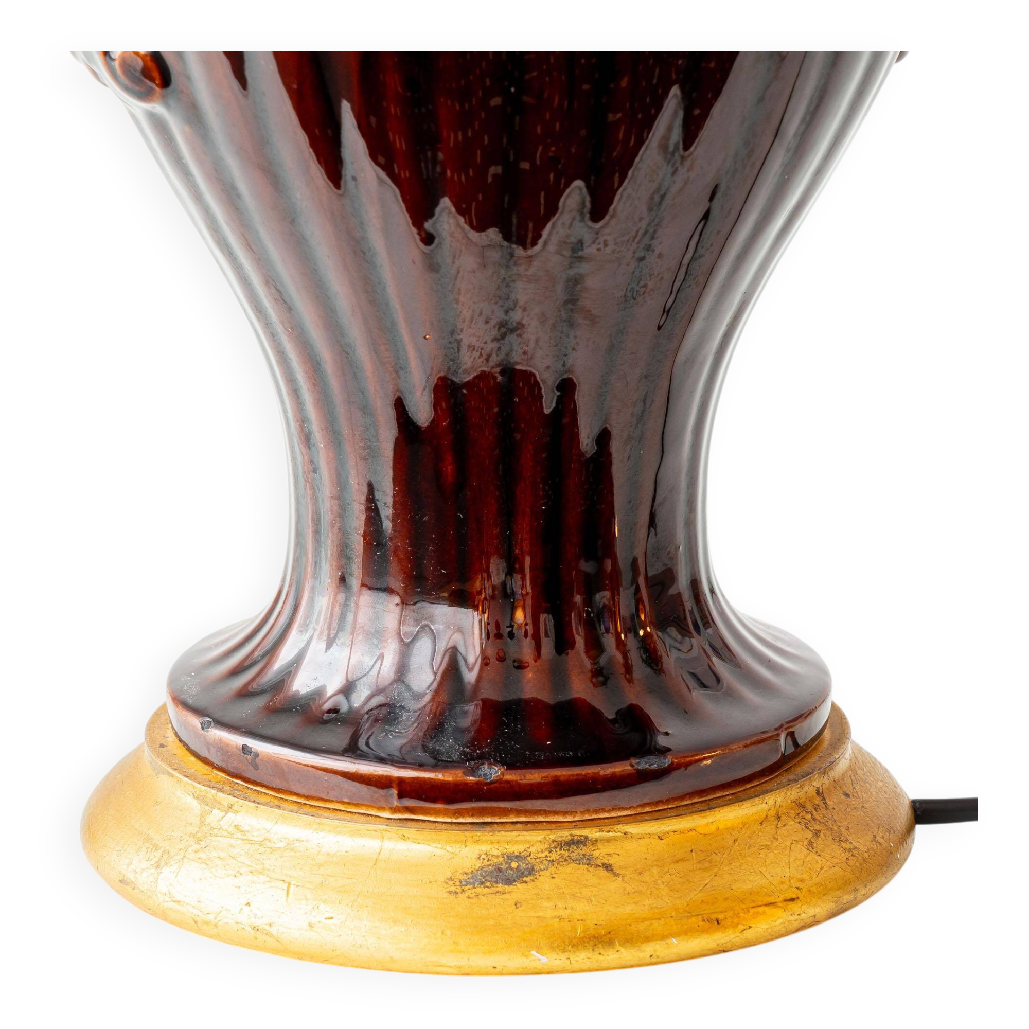 Chocolate glazed ceramic table lamp from Manises, Spain, 1960s with a new silk shade.