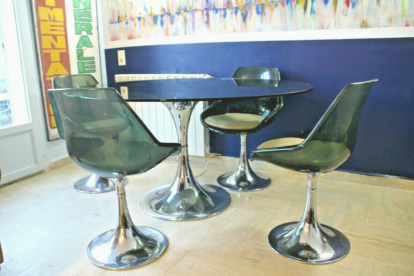 1960s Roche-Bobois set table + glass + 4 chairs, Tulip feet