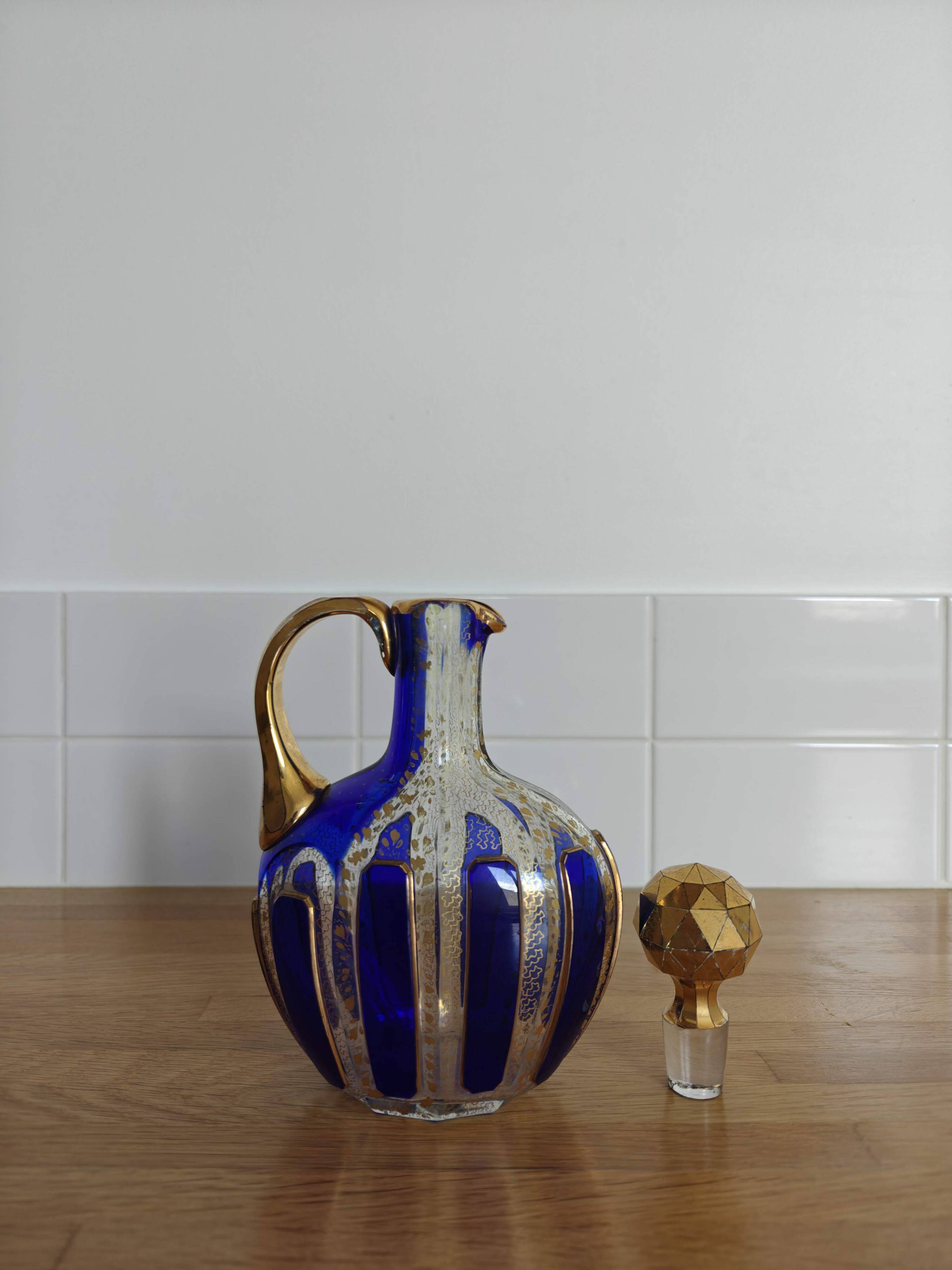 Vintage Moser style carafe / flask, cobalt blue and gold.