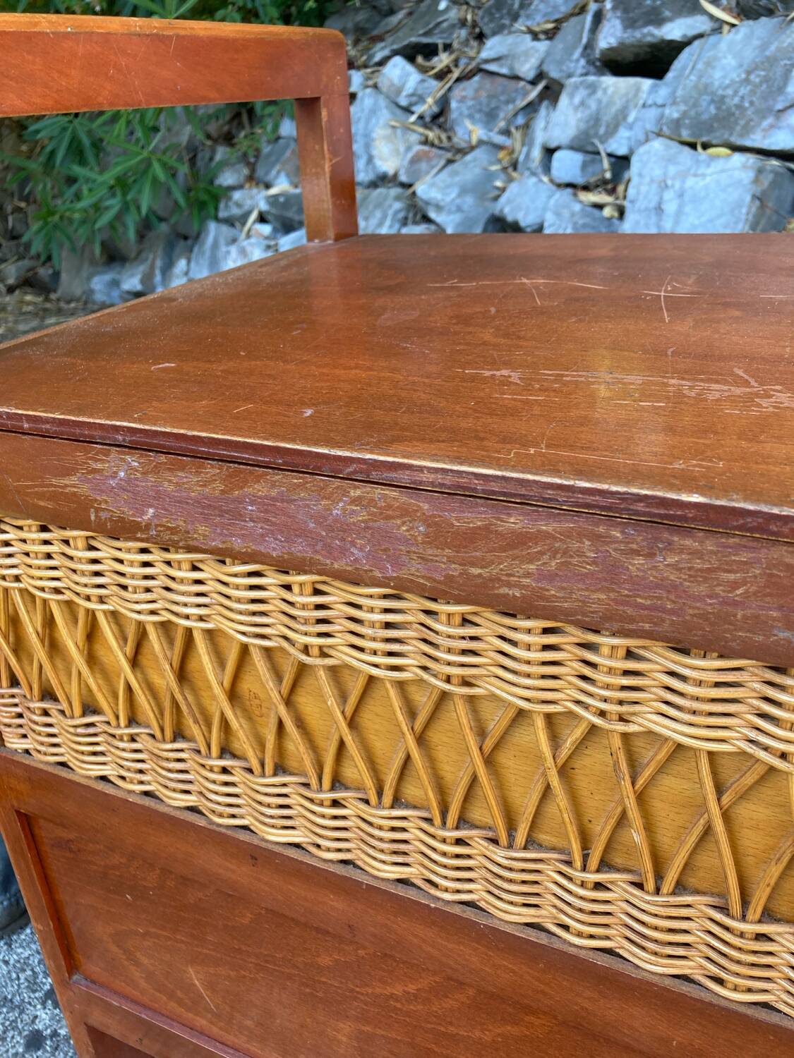Vintage wood and rattan chest bench