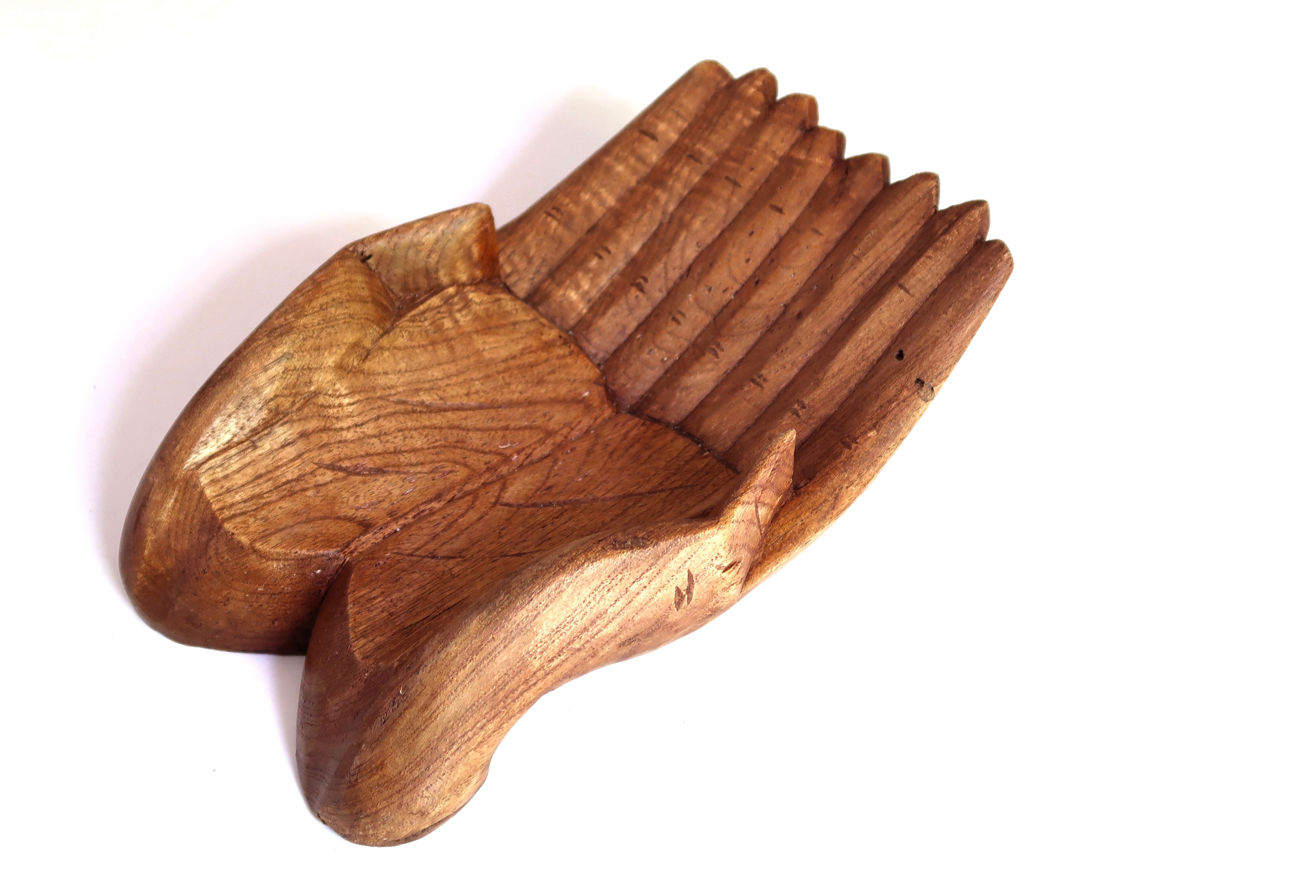 Empty pocket, hands joined in carved wood, 70s