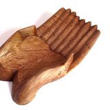 Empty pocket, hands joined in carved wood, 70s