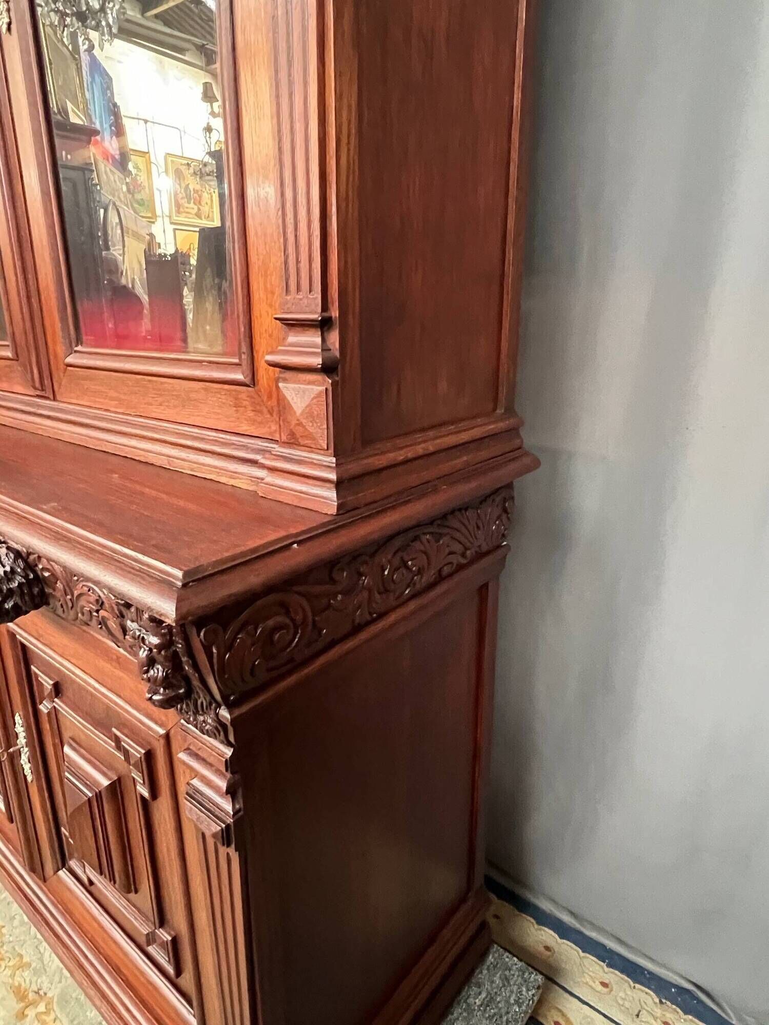 Library and buffet in antique Renaissance style. Beautiful sculptures. Solid oak. France. 19th century.