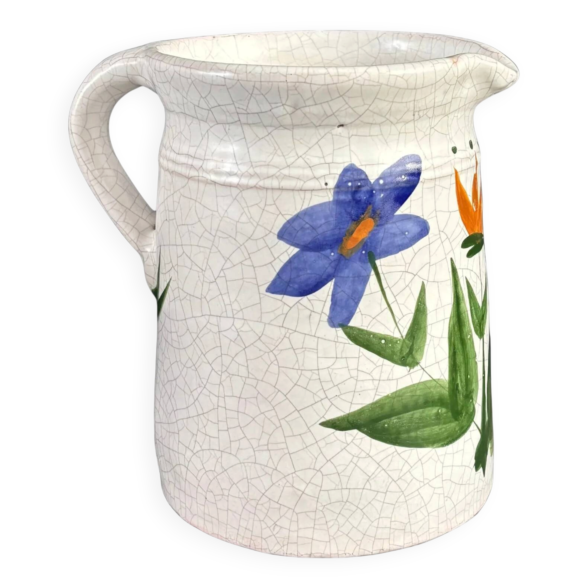 Grand pichet en céramique émaillée motif fleurs