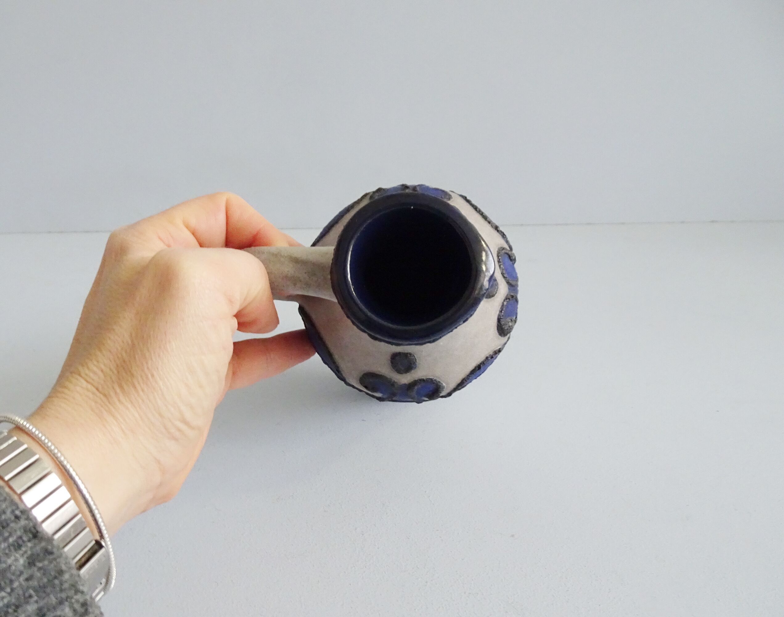 VEB Haldensleben ceramic vase gray and blue with black Fat Lava decor, gray jug vase