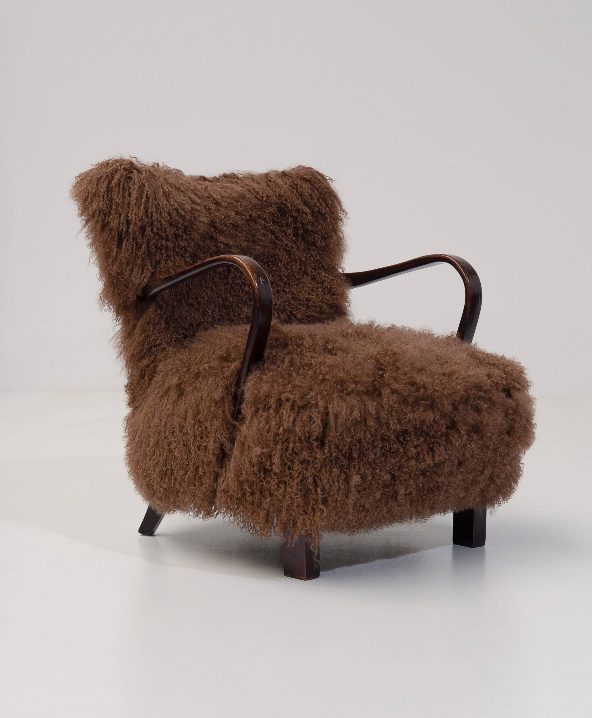 Caramel Scandinavian Art Deco Armchairs in Mongolian Sheepskin, 1950s