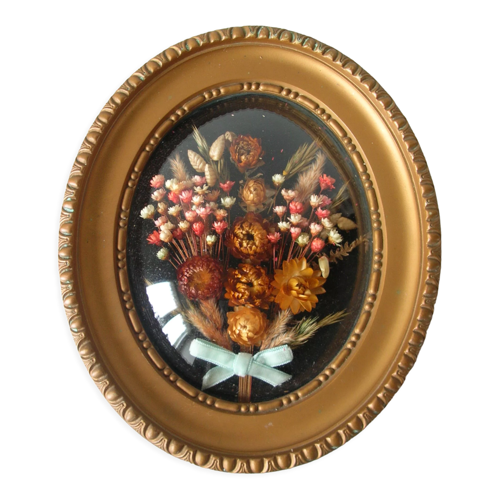 Médaillon Vintage Ancien - Fleurs Séchées Sous Verre Ovale - Pendentif Bijou Rétro N°5240