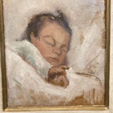 Tableau ancien, portrait bébé endormi, art nouveau