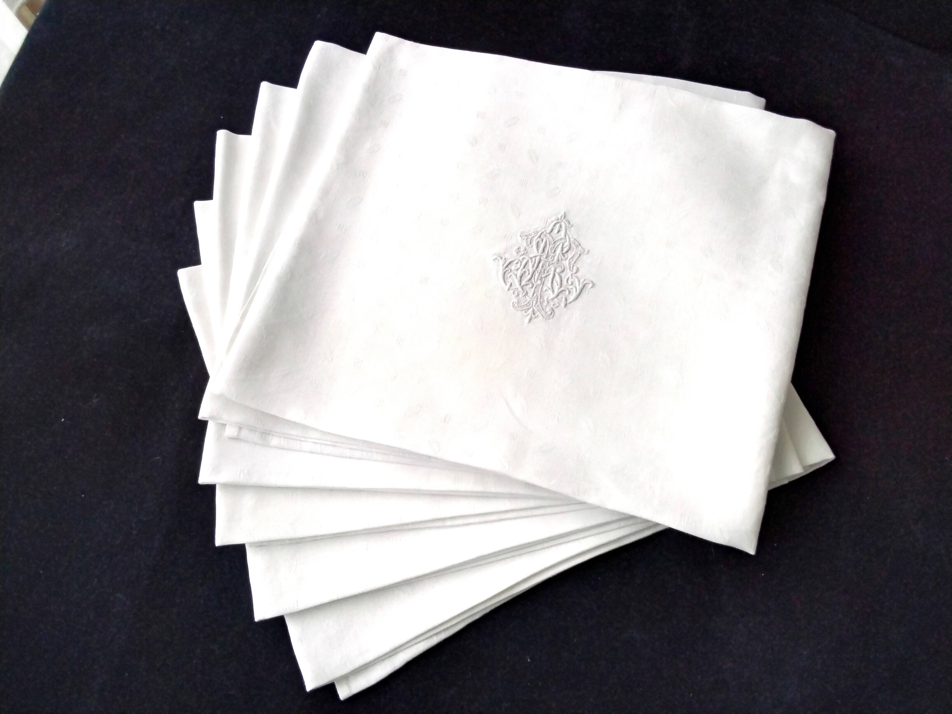 6 Large antique damask linen napkins Monogram AT