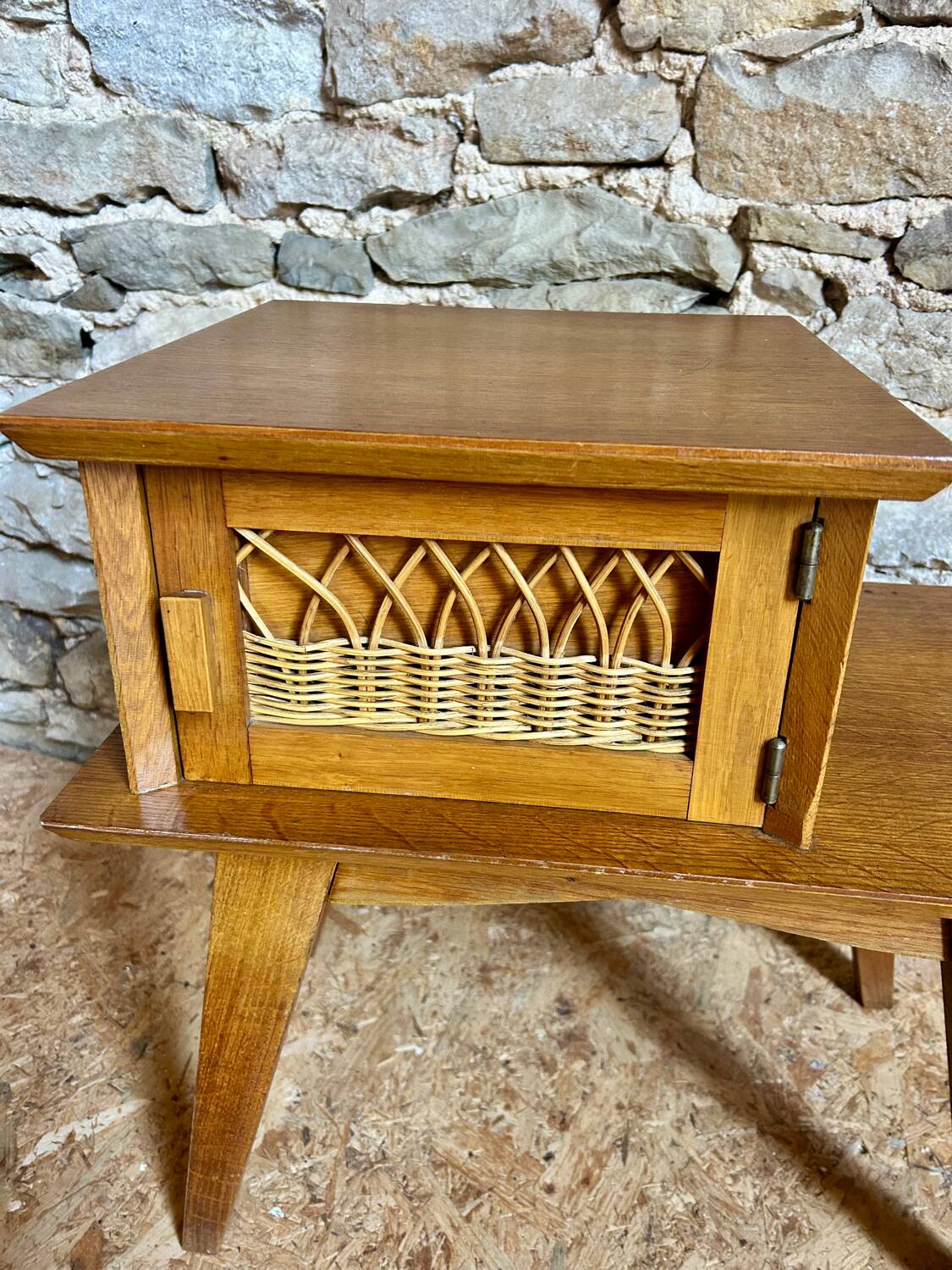Vintage bedside table in wood & woven rattan