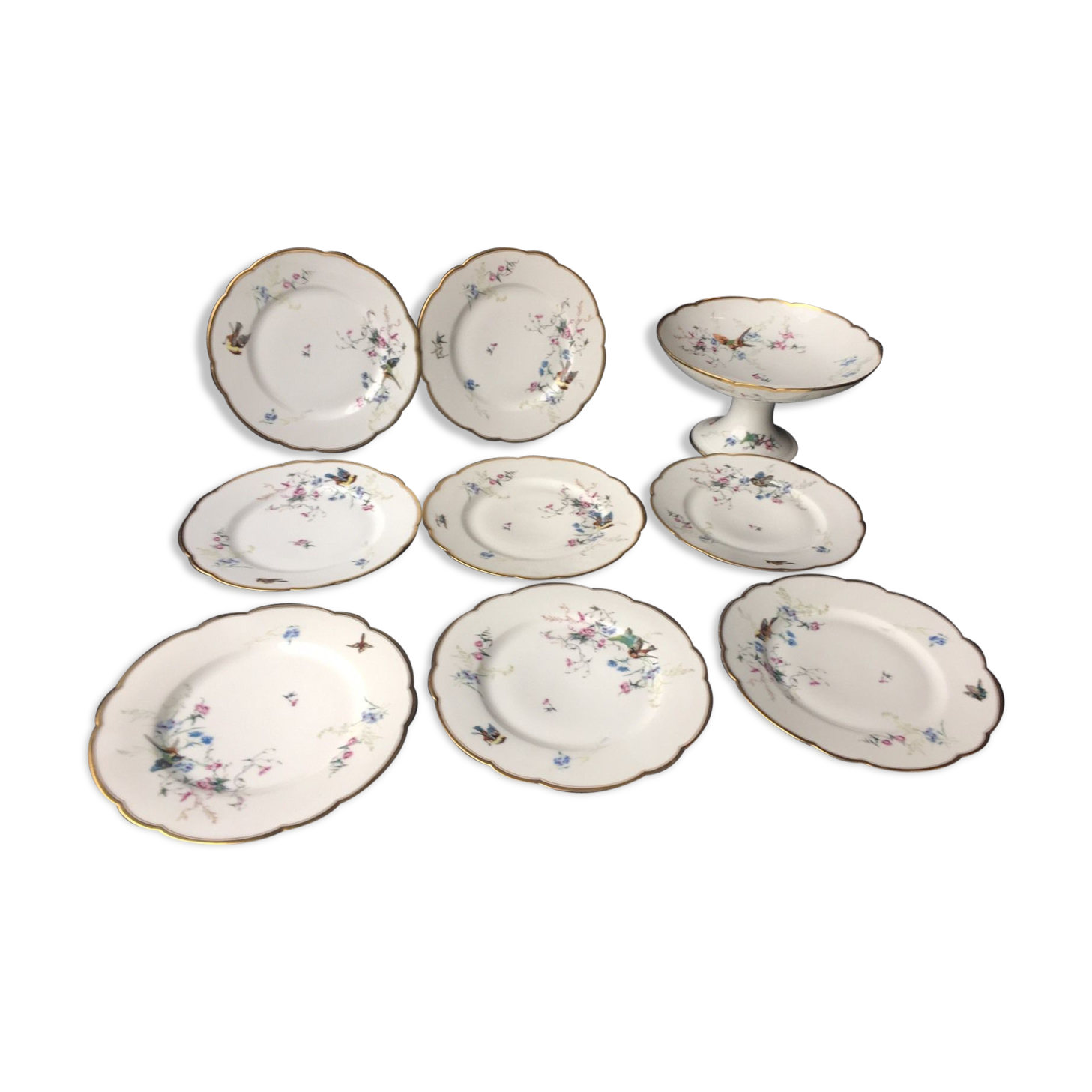 Service - dessert porcelain limoges Haviland H-c decoration flowers birds