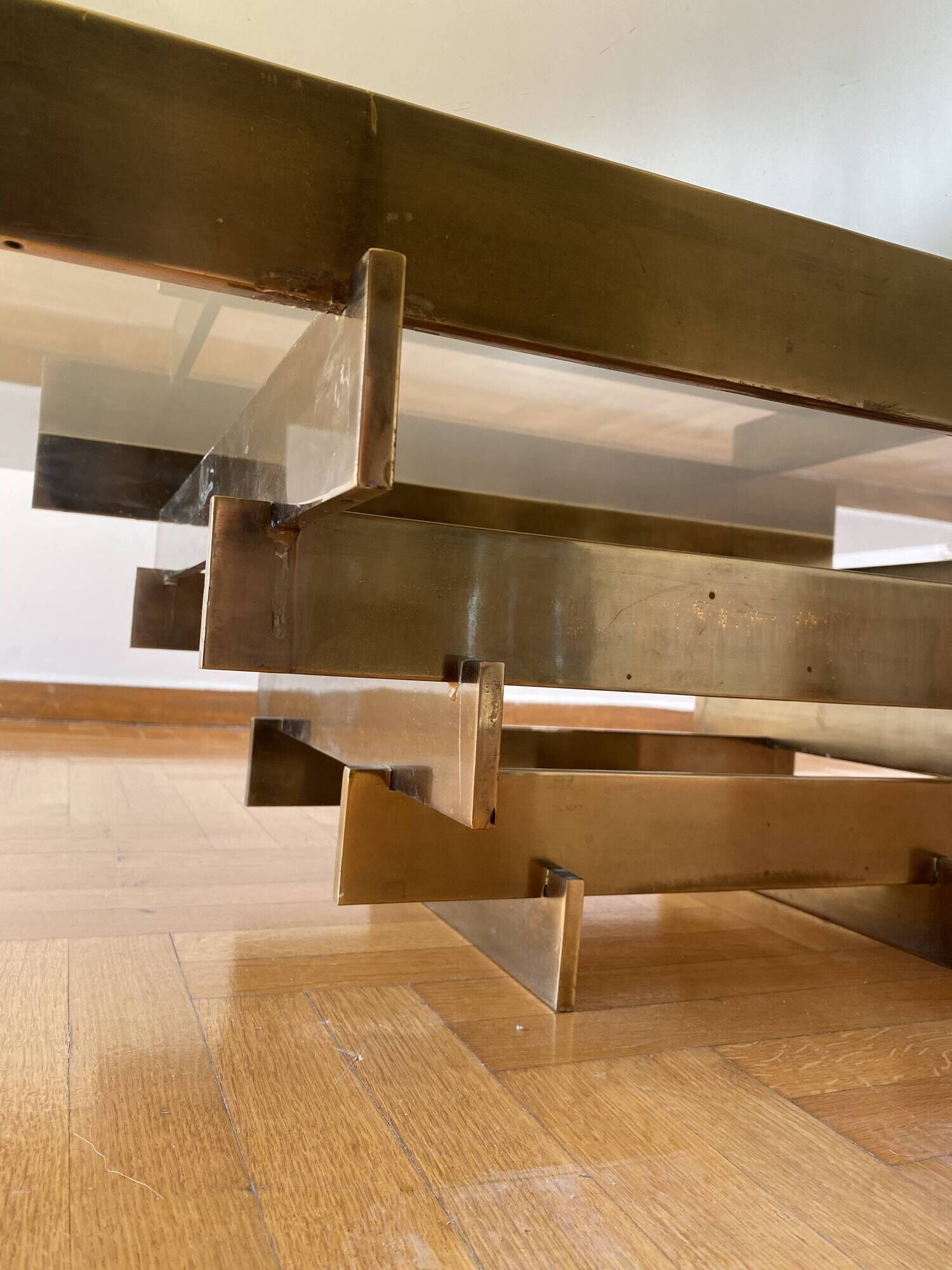 Vintage 1970s Square Coffee Table in Brass and Smoked Glass, David Hicks