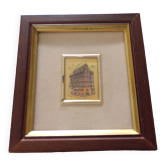 Small Alsatian house art chromolithograph painting on gold leaf