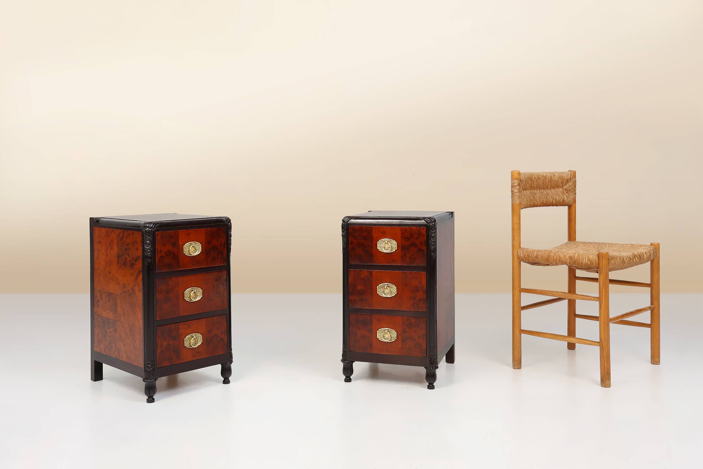 Pair of Art Deco nightstands in burl veneer, oak and copper, France ca. 1910