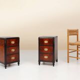 Pair of Art Deco nightstands in burl veneer, oak and copper, France ca. 1910