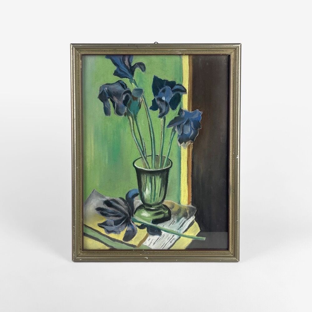 Pastel "Iris bleus" sur bois