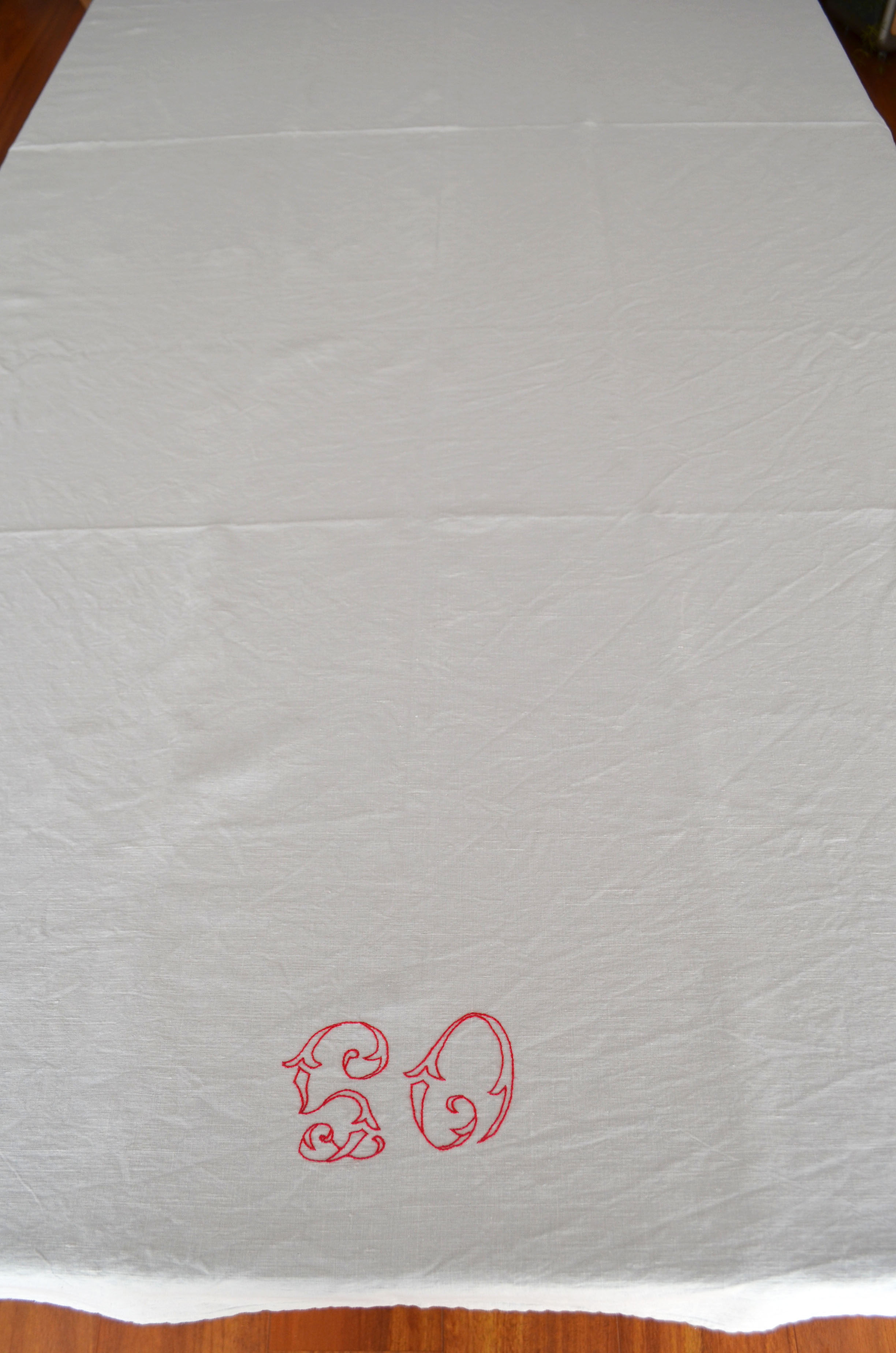 Grand Drap Ancien En Lin Brodé - Monogrammé CJ - 320x220 Cm - Blanc Cassé élégant