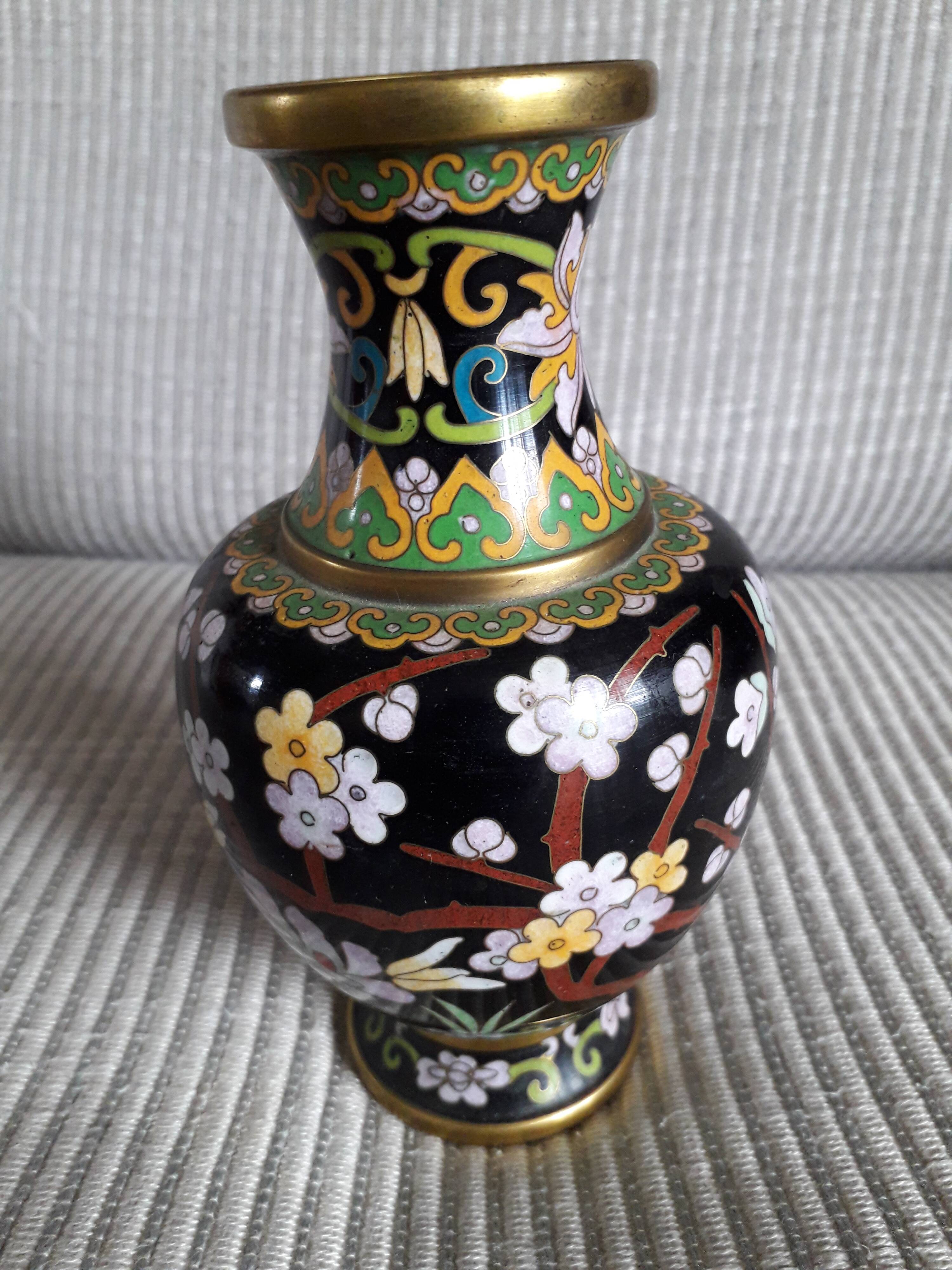 Vintage cloisonné enamel vase with floral and bird decoration
