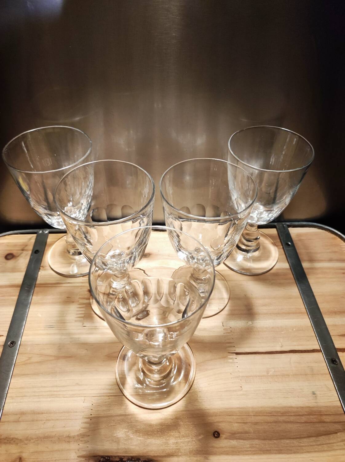 5 antique wine glasses with cut sides