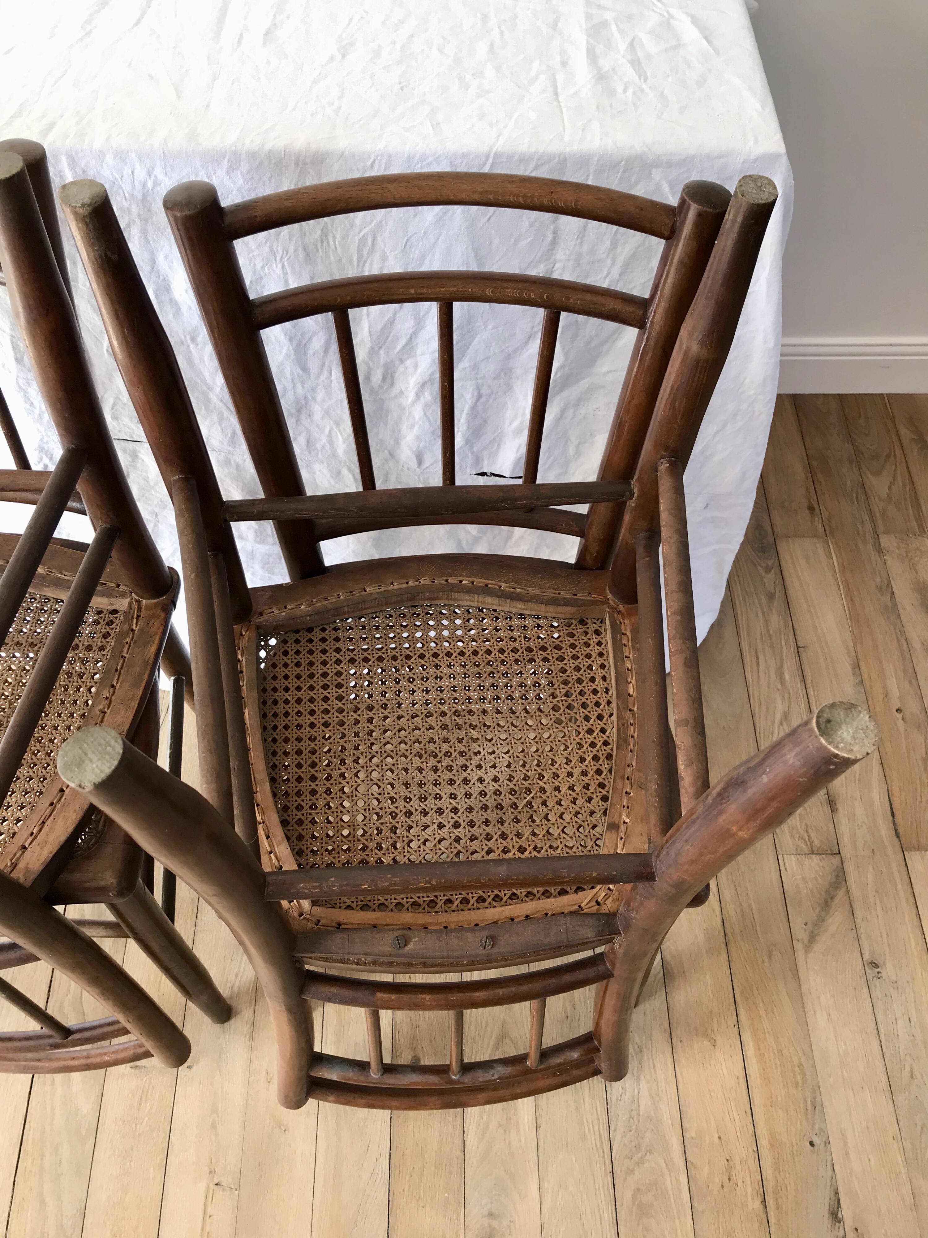 set of 4 bistro chairs in turned wood and canework stamped early 20th century