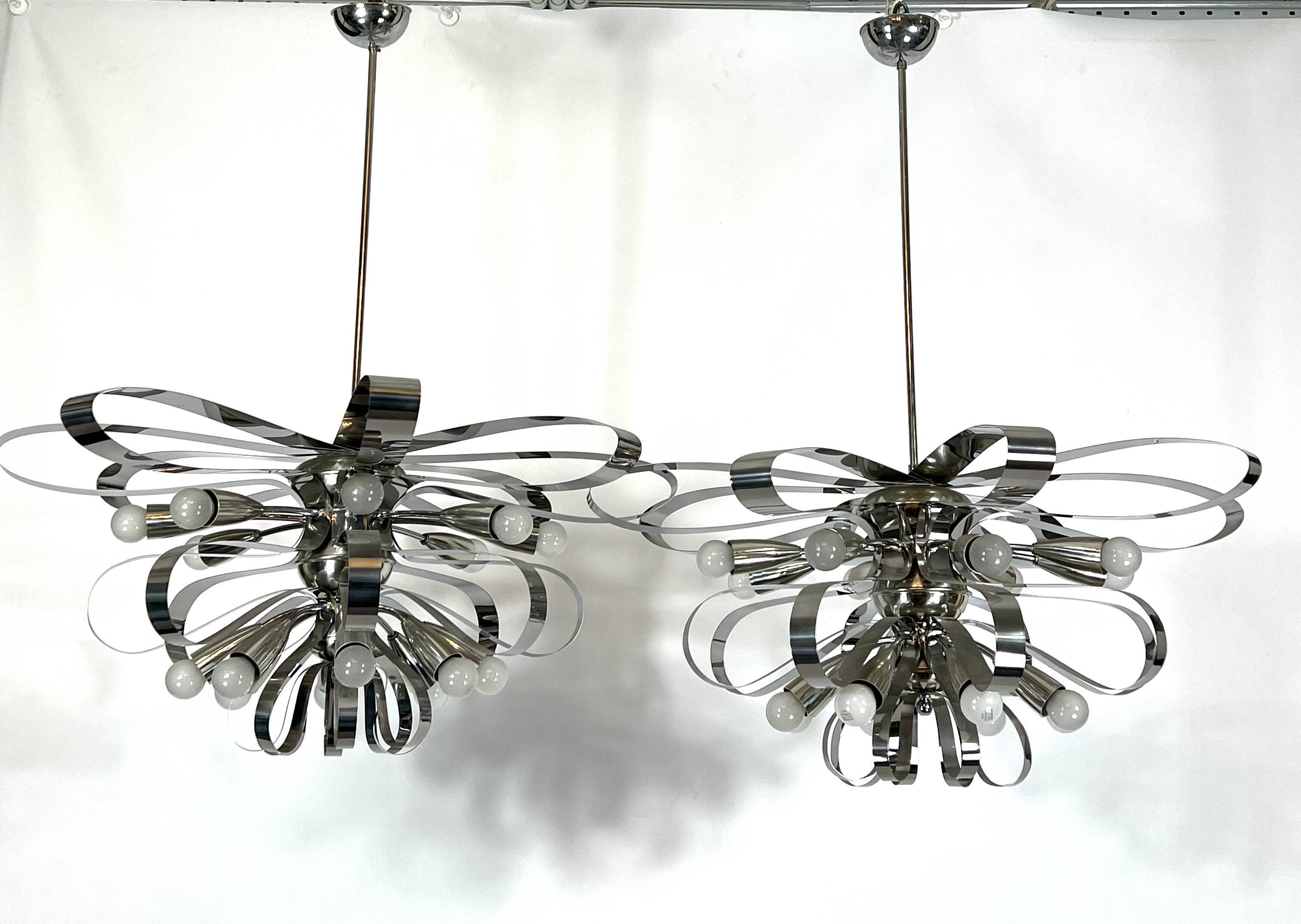 Mid-century pair of Italian chrome chandeliers from 70