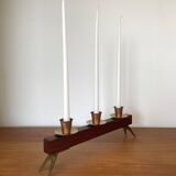 Modernist chandelier in teak and vintage brass.