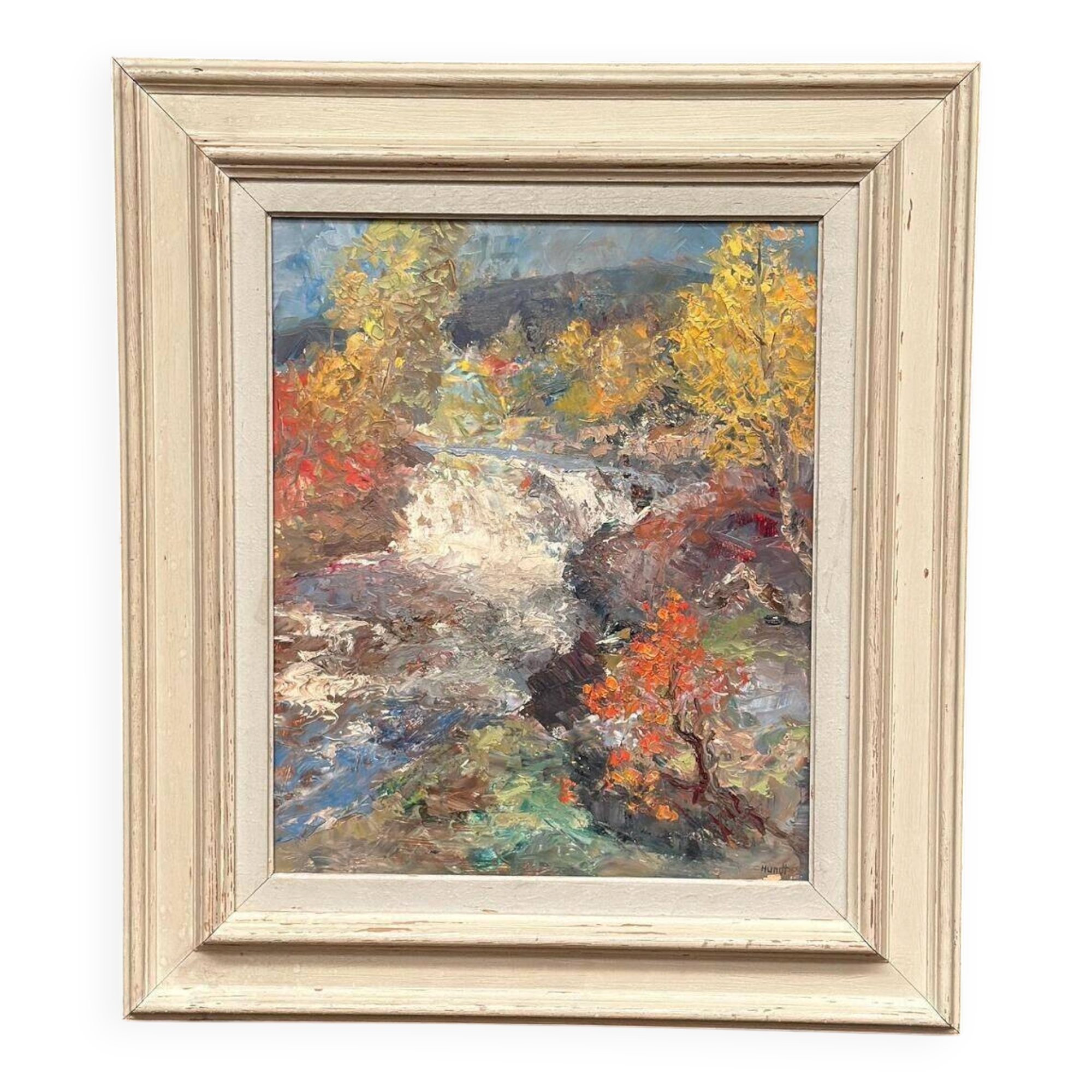 Original Swedish Oil On Panel – “Waterfall” By Hundt