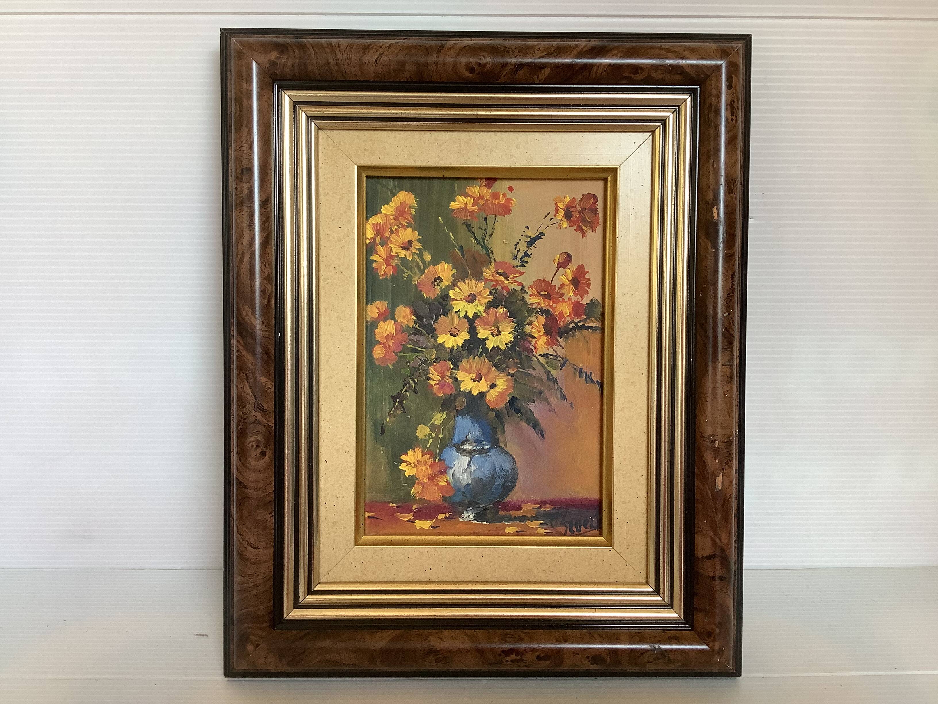 Petit tableau bouquet de fleurs huile sur panneau signée