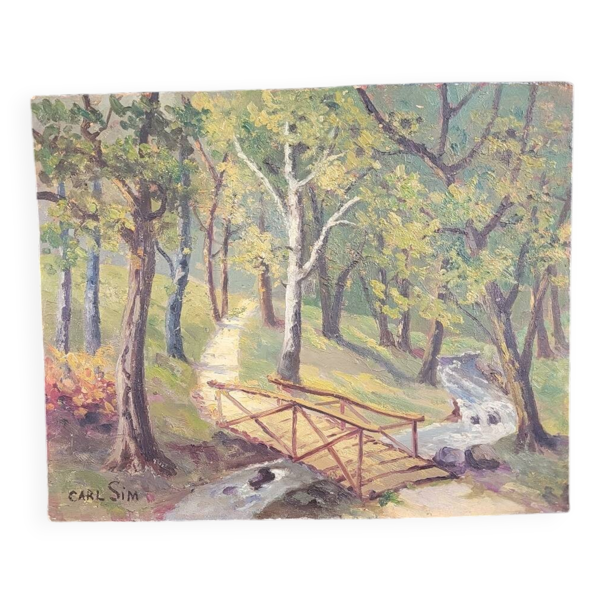 Oil on wood landscape signed Carl SIM