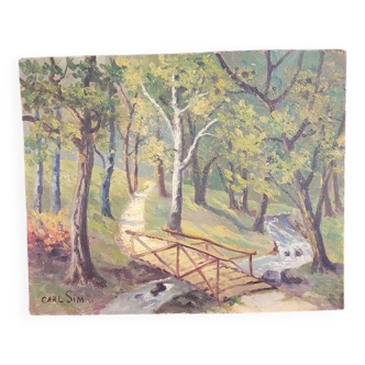 Oil on wood landscape signed Carl SIM