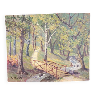 Oil on wood landscape signed Carl SIM