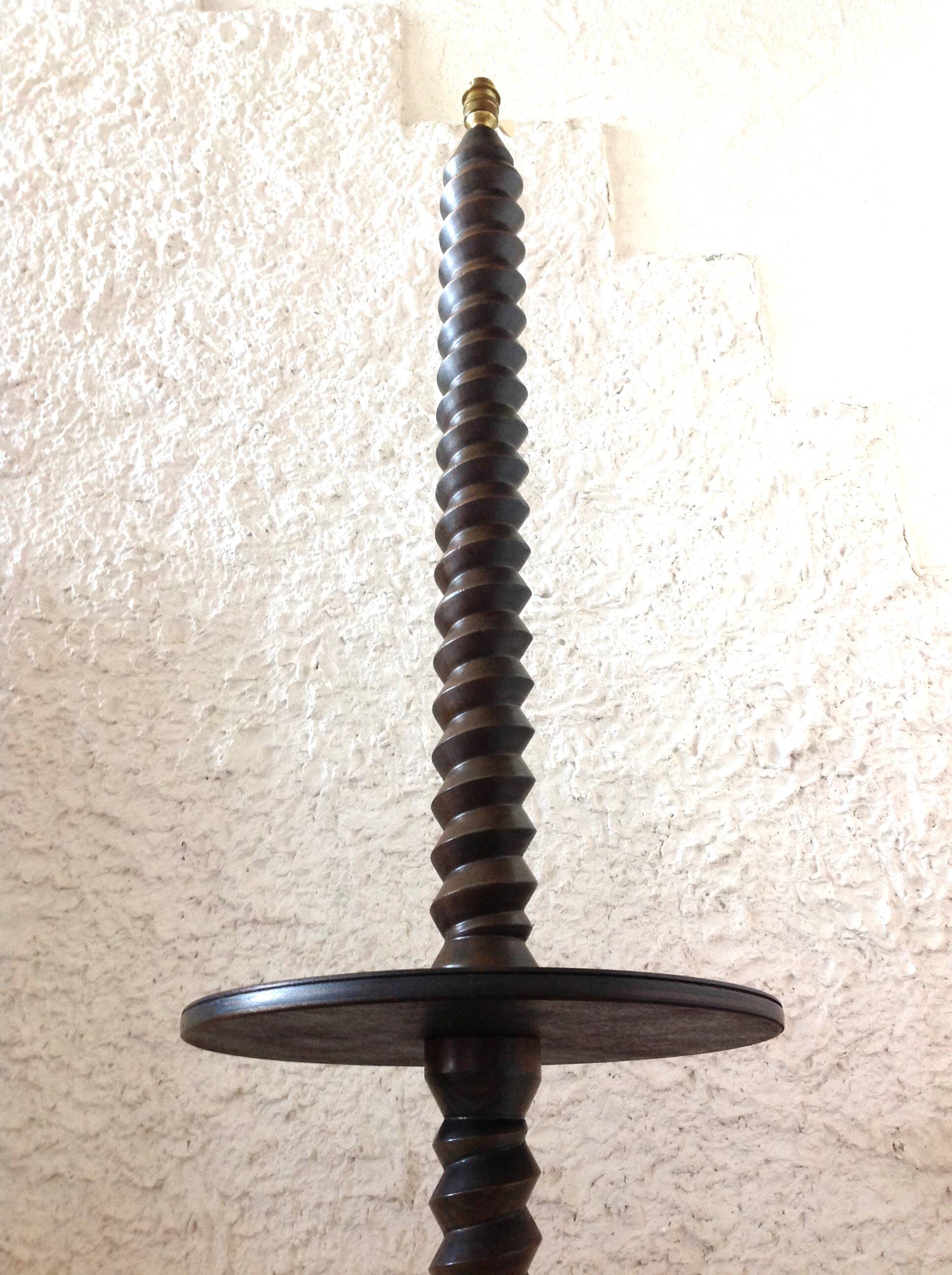 Wooden floor lamp turned in the spirit of Charles Dudouyt / art deco style