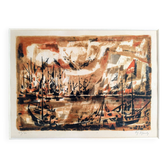 Marcel Mouly – Original lithograph, harbour scene and boats