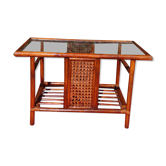 Table basse rotin cannée plateau vitré