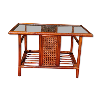 Table basse rotin cannée plateau vitré