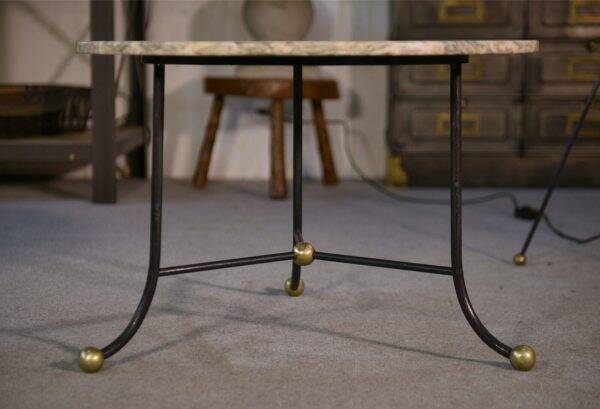 Marble side table with wrought iron base and brass balls in the style of Jean Royère, 1940s